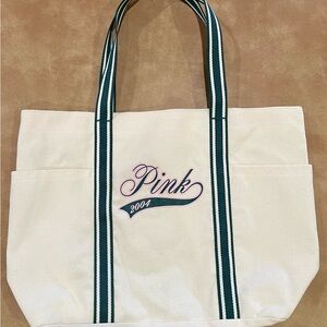 PINK Victoria's Secret Cream Tote with Green Straps